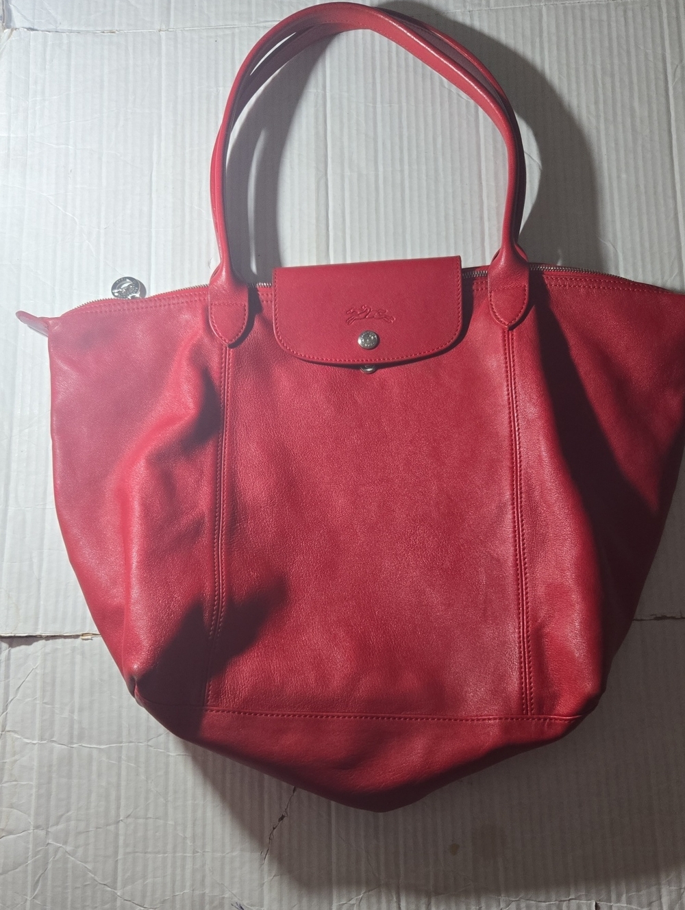 Longchamp Le Pliage Cuir Large Red Leather Tote
